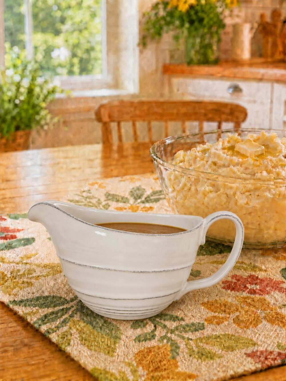 Cottagecore Distressed White & Grey Ceramic Gravy Boat 16 oz
